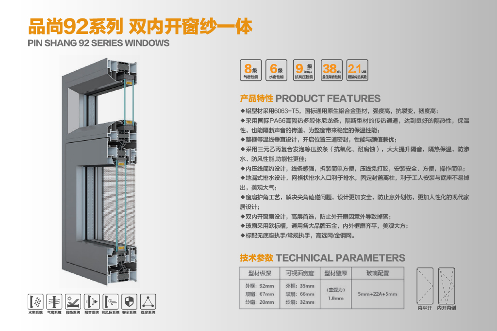品尚92系列双内开窗纱一体