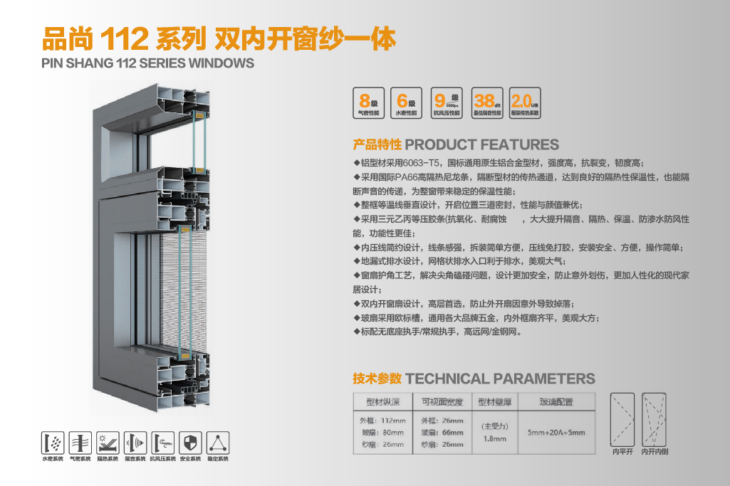 品尚112系列双内开窗纱一体
